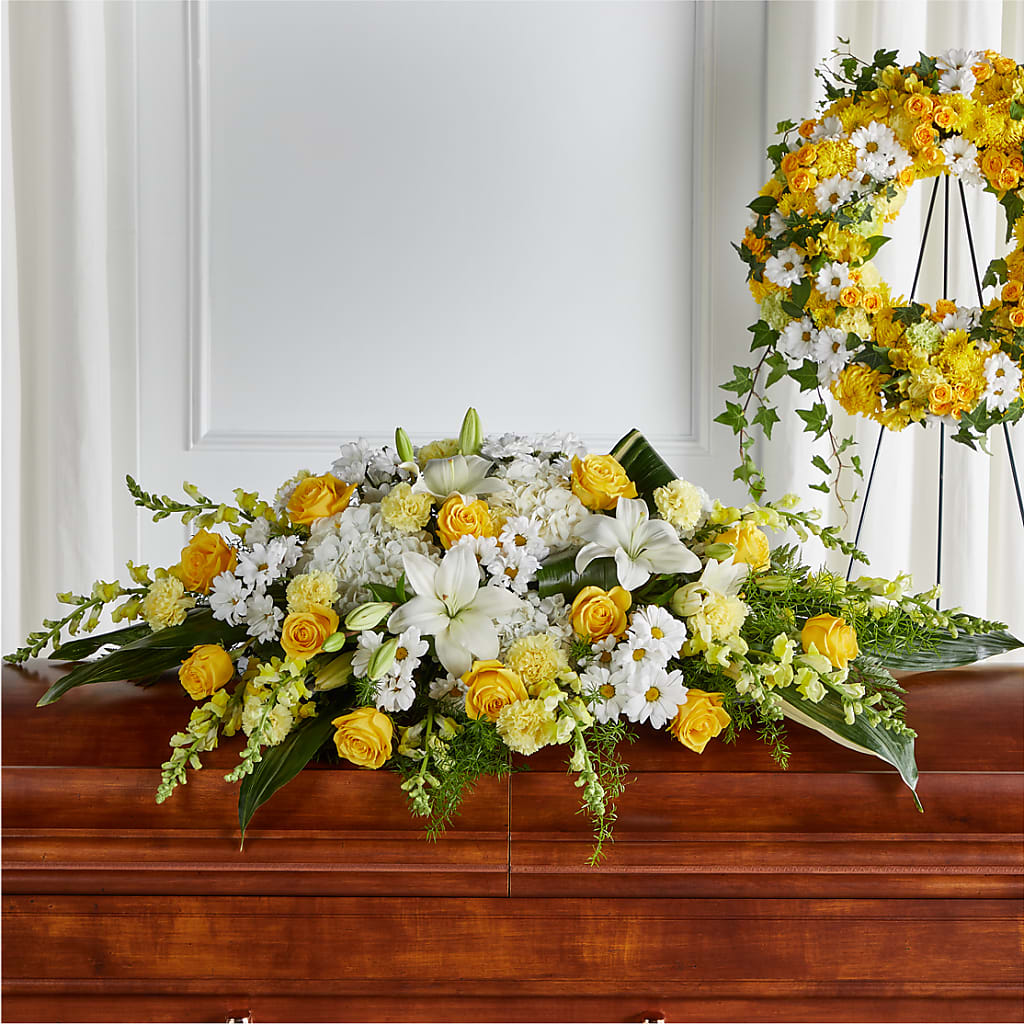 Golden Harmony Casket Spray – SOUTHERN TRADITIONS FLORAL & GIFTS, Swainsboro GA