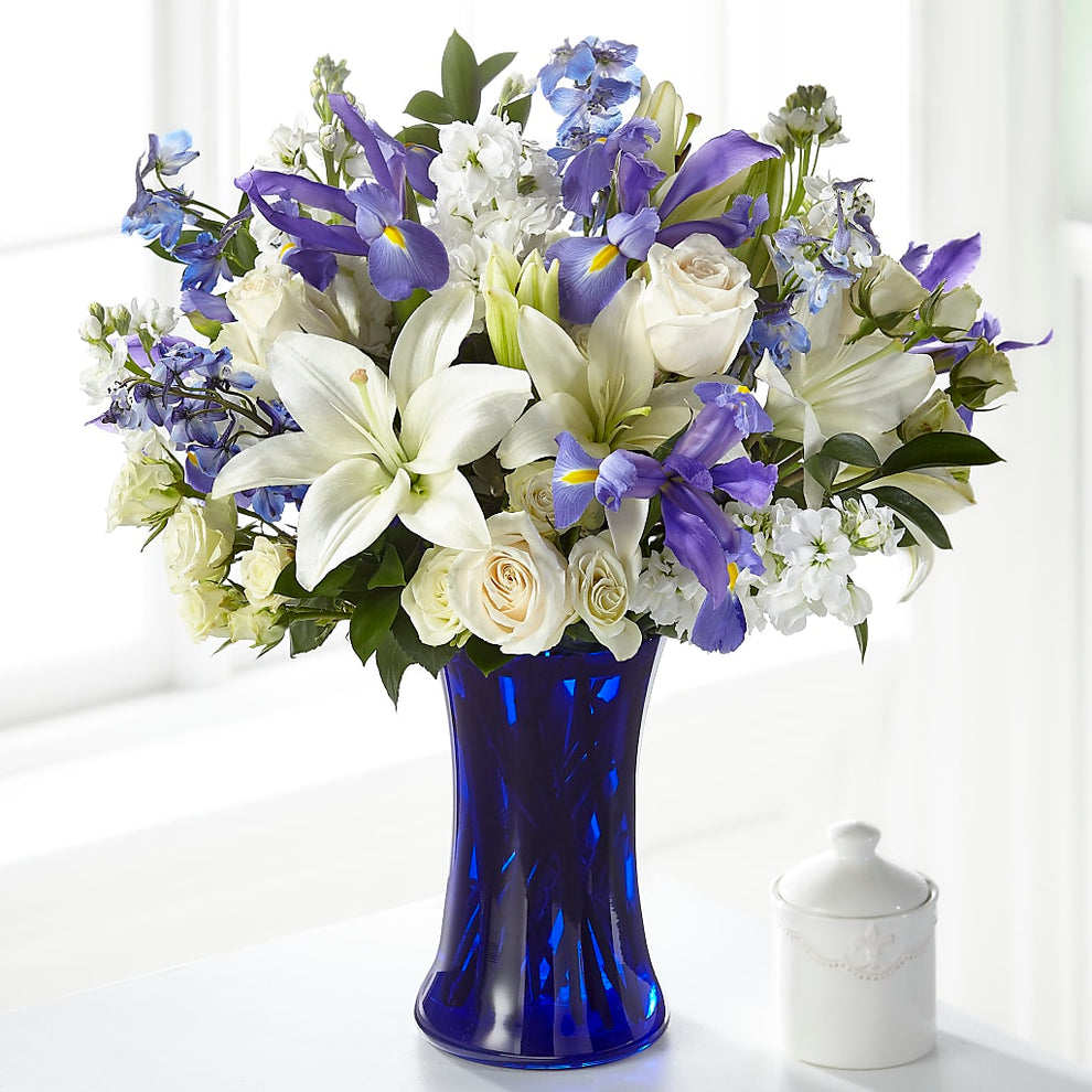 Calming Comfort Bouquet – blue, white flower arrangement | Swainsboro ...